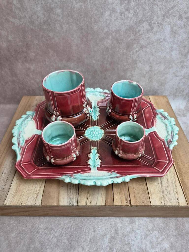 Antique majolica barbotine set – tray and 4 small pots – Art Nouveau