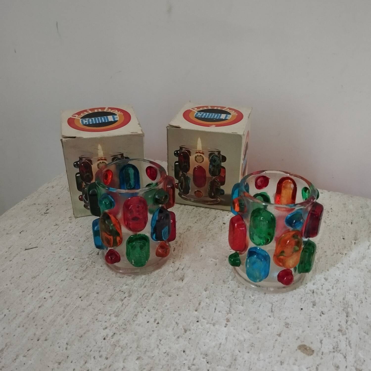 Pair of 70s Rainbow tealight holders