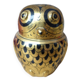 Old small black and gold lacquered wooden box in the shape of an owl