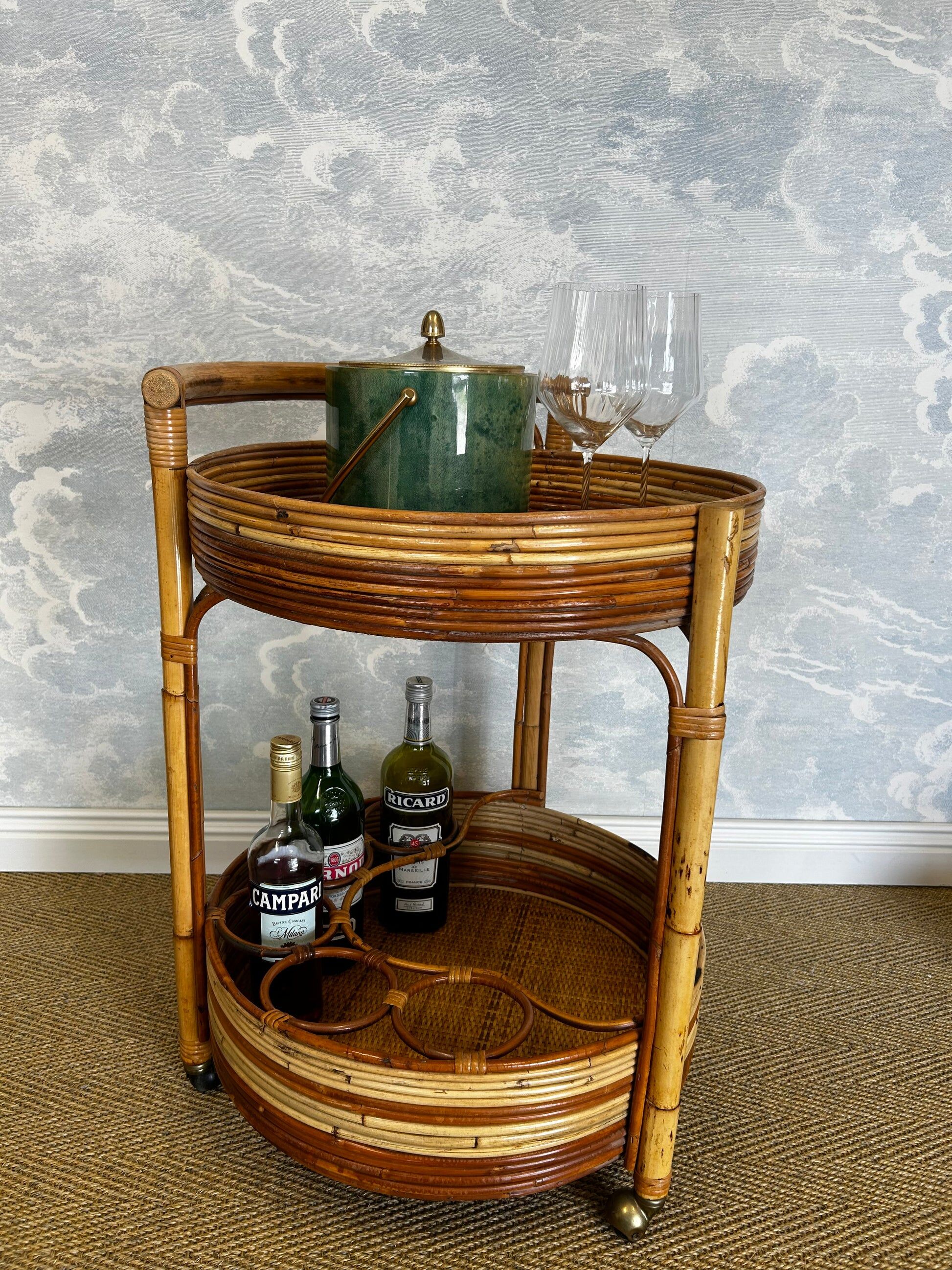 2-tiered round bamboo bar cart in the style of Vivai del Sud, Italy, 1960s