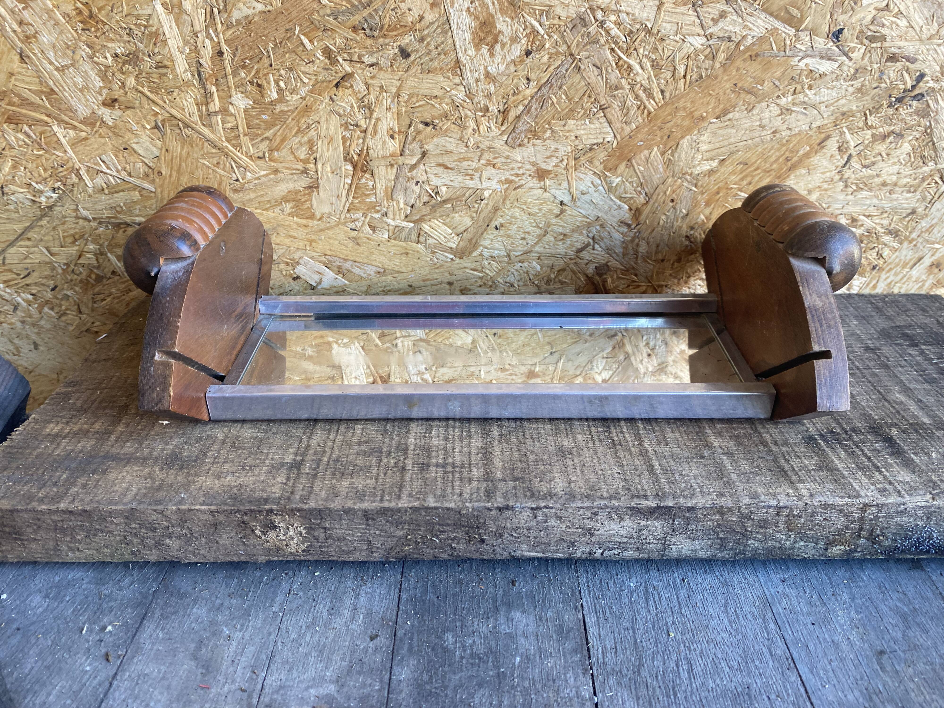 Aperitif Server Vintage Art Deco Wood + Aluminium + Mirror Base #D978