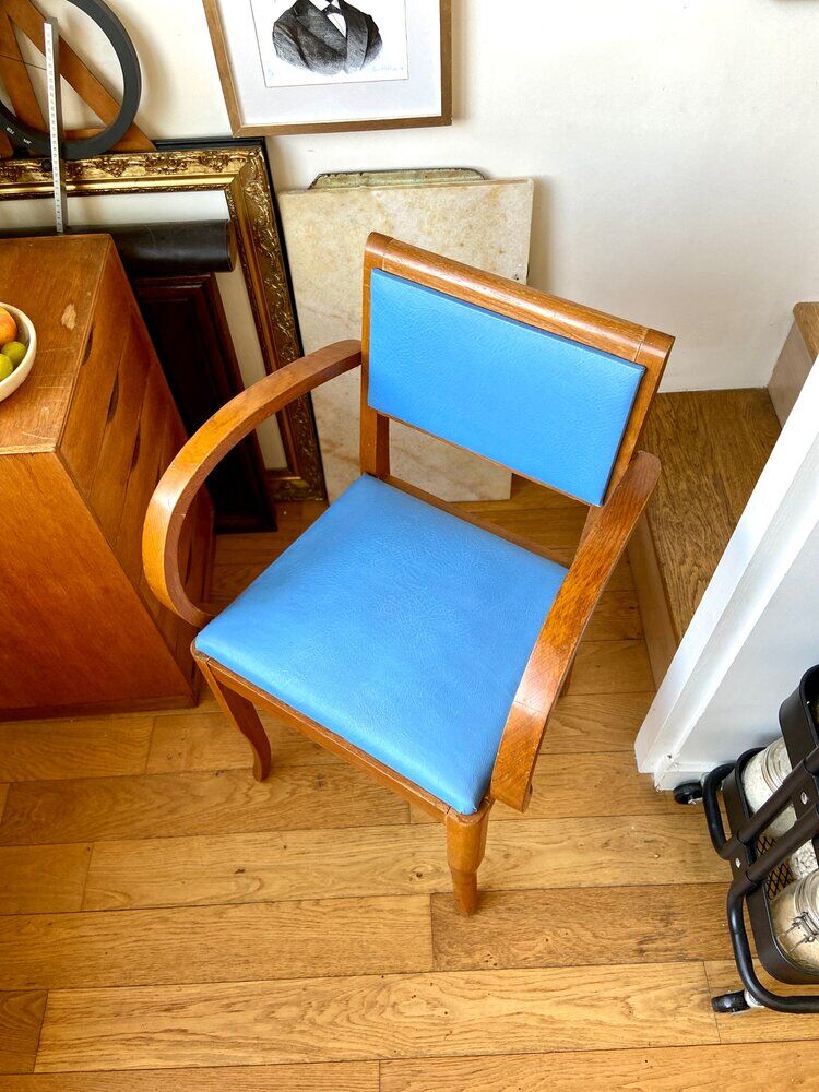 Bridge armchair in wood and blue skaï