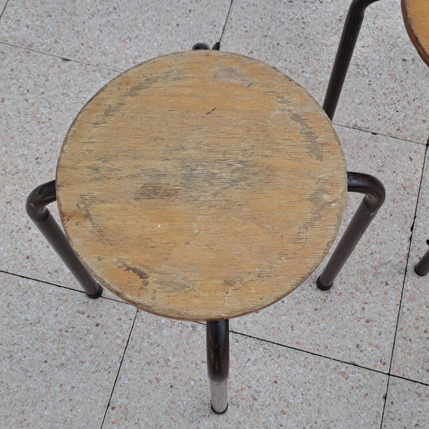 3 wooden and tube school stools