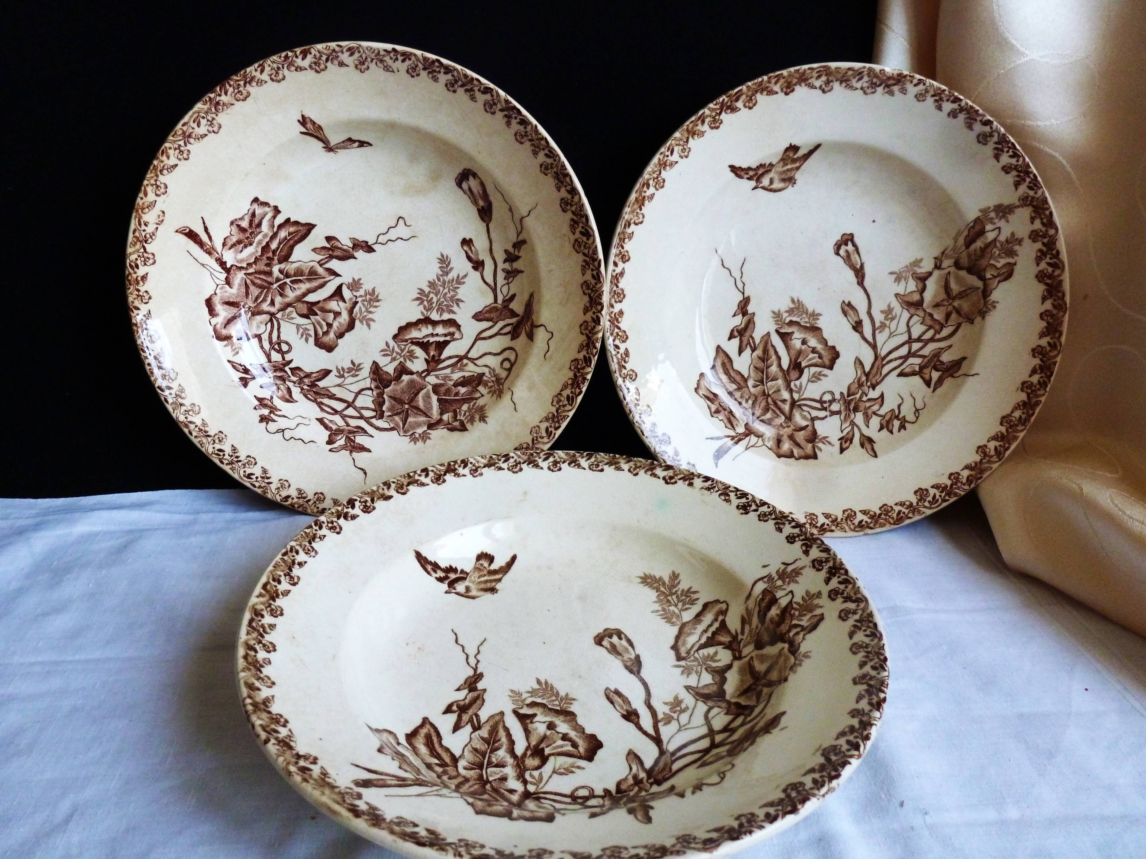 Antique deep plates from the late 19th century, old French crockery.