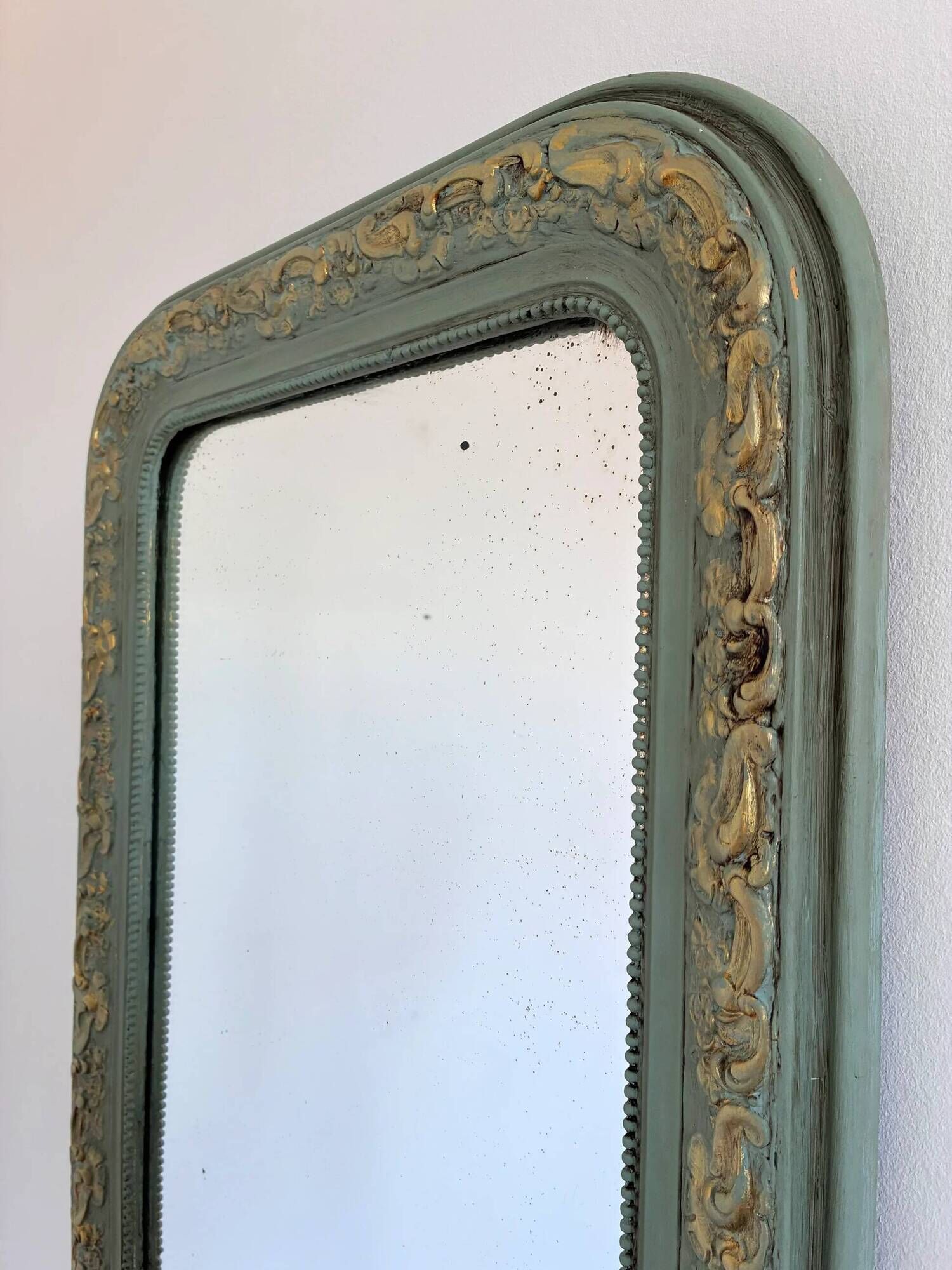 Large antique French Louis Philippe mirror – green and gold, late 19th century