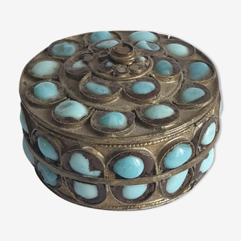 Round brass copper box and blue glass