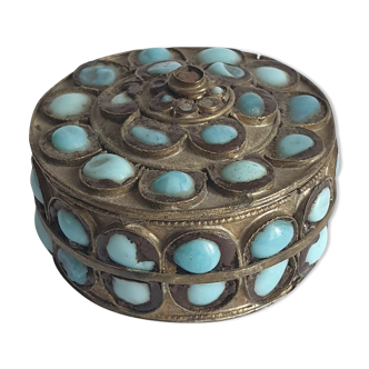 Round brass copper box and blue glass