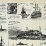Gravure ancienne 1898, Cuirassé ancien, navire, marine • Lithographie, Planche originale