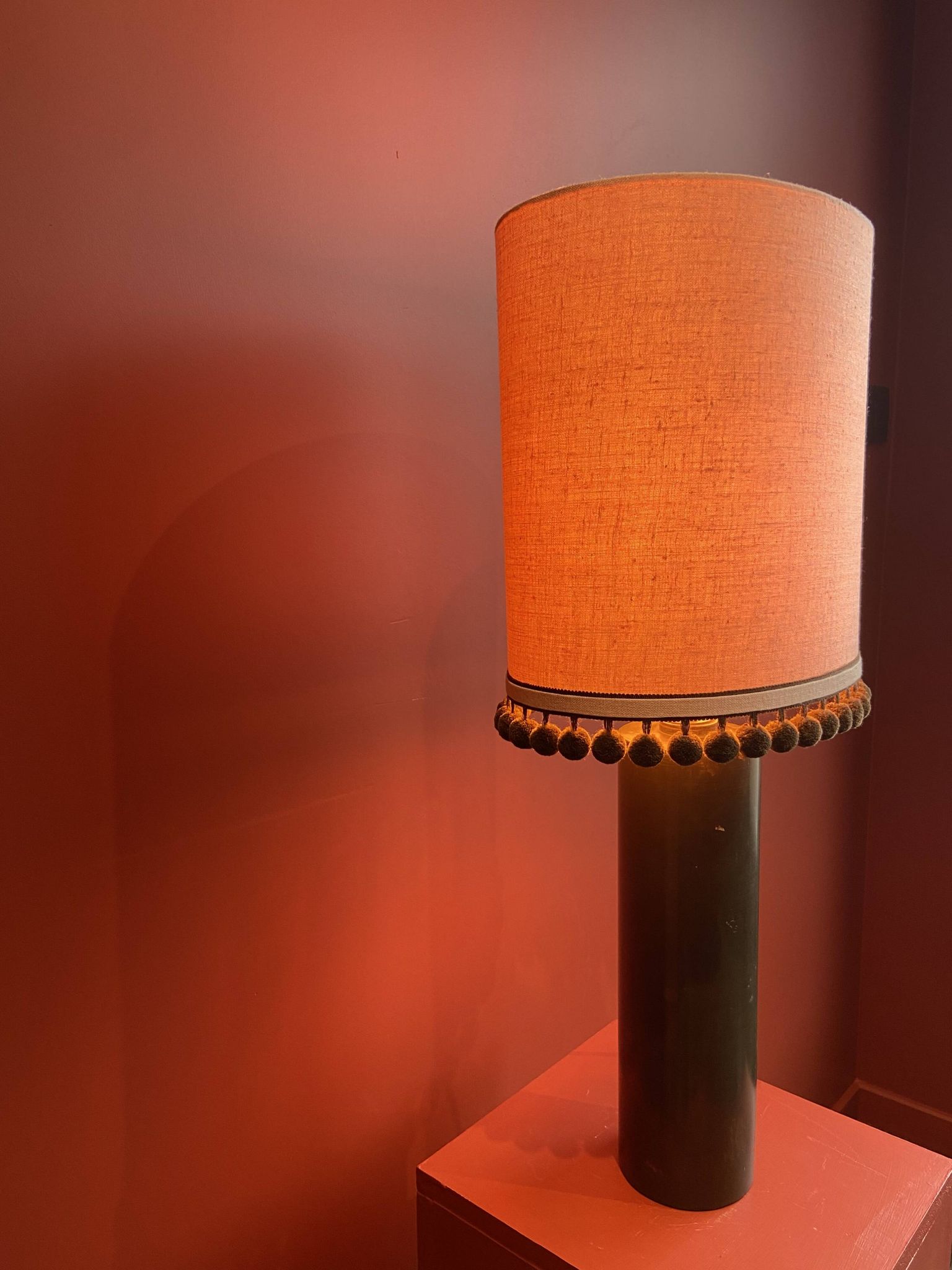 Copper "bouillotte" lamp with Ashoka Silk shade, pom-poms of c