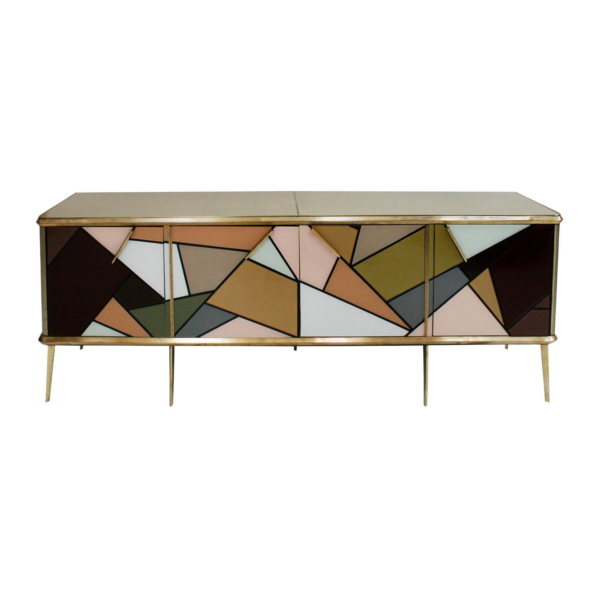 Mid-Century Modern Style Solid Wood Colored Glass and Brass Italian Sideboard