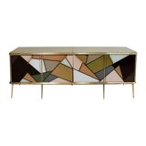 Mid-Century Modern Style Solid Wood Colored Glass and Brass Italian Sideboard
