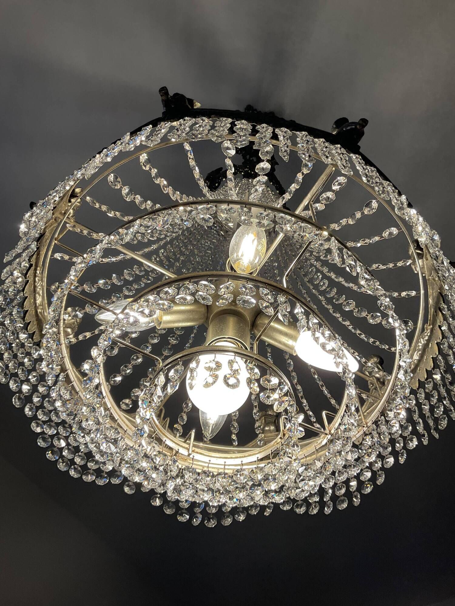 Old hot air balloon chandelier with crystal and bronze tassels