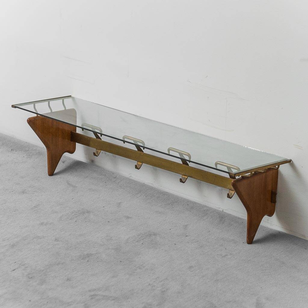 Wall coat rack in wood and glass, 1950s vintage modernism