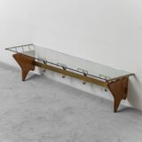 Wall coat rack in wood and glass, 1950s vintage modernism