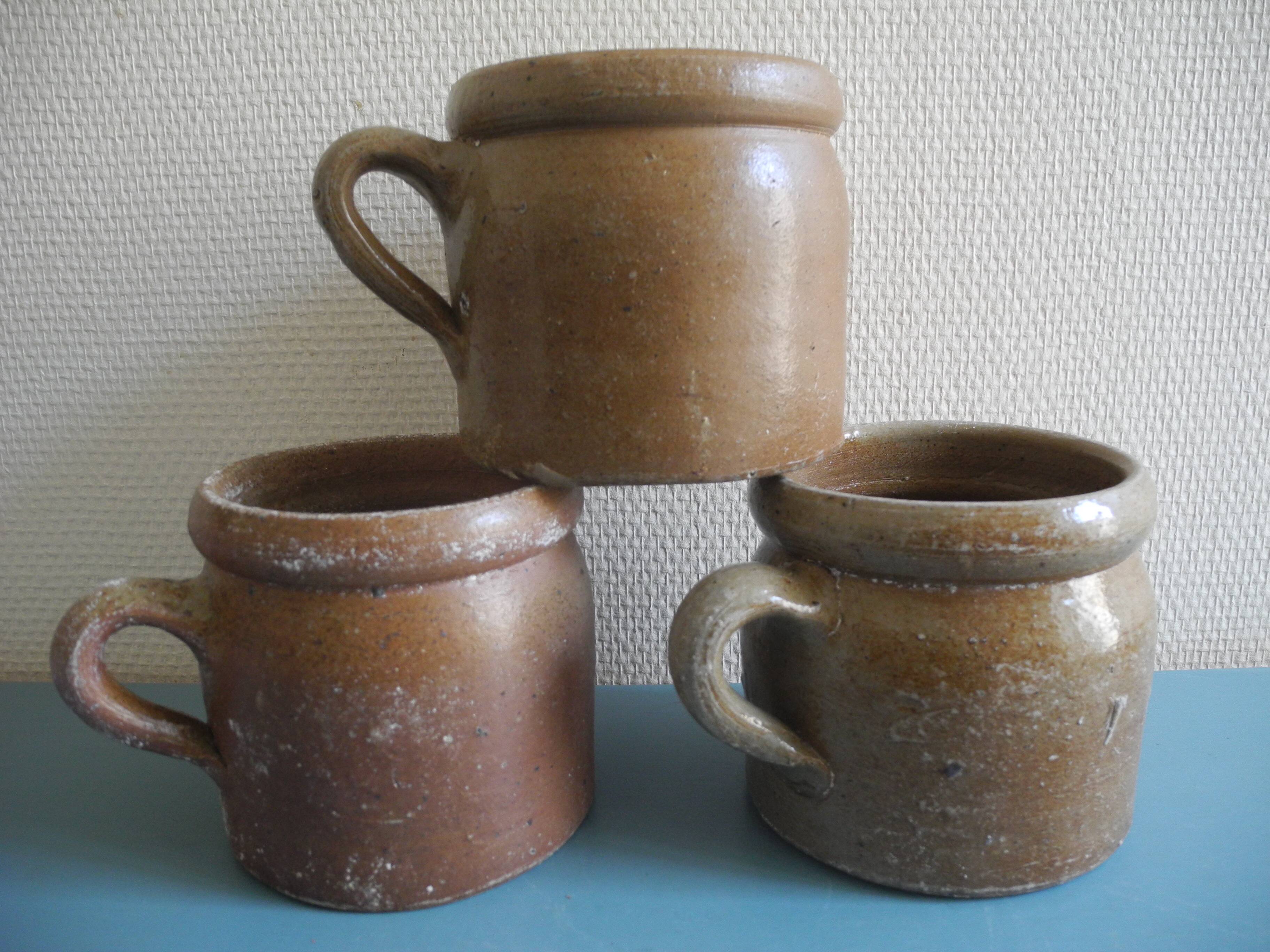 Lot of antique rustic stoneware pots, old French stoneware pots
