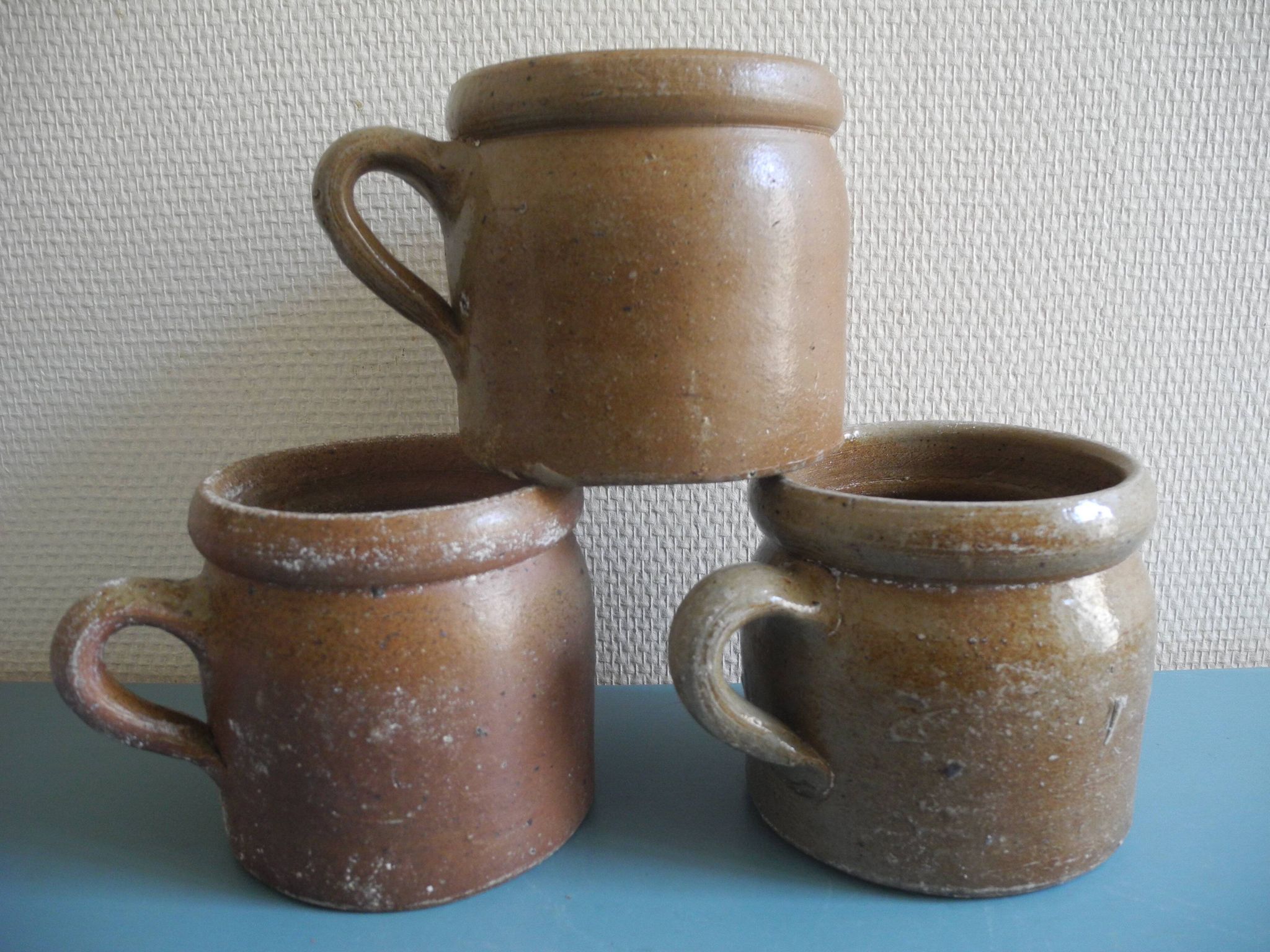 Lot of antique rustic stoneware pots, old French stoneware pots