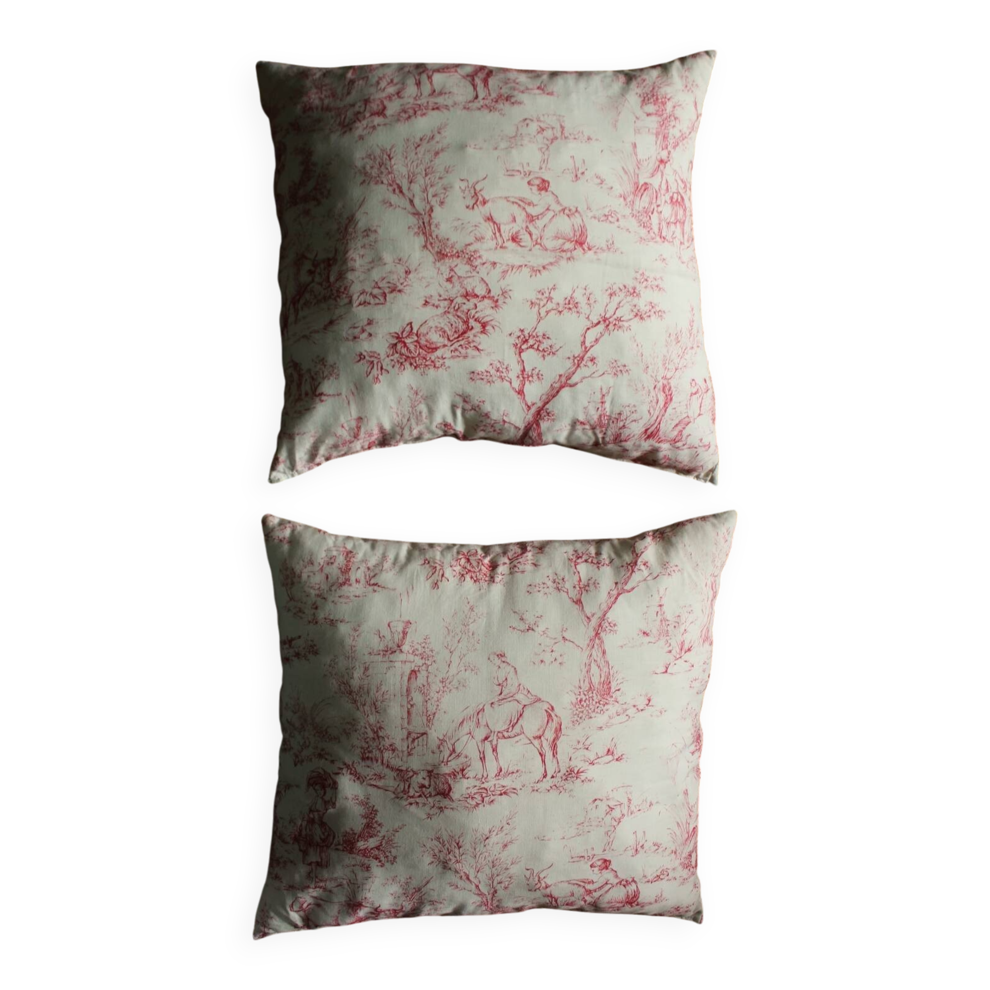 Paire Coussins Toile de Jouy rose ancienne