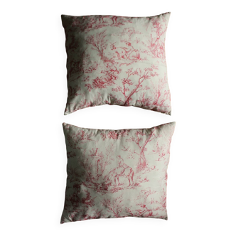 Paire Coussins Toile de Jouy rose ancienne