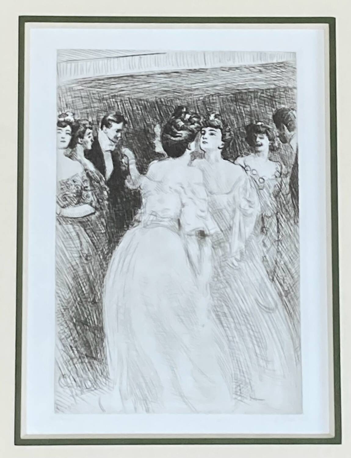 Black ink drawing of people from the Art Nouveau period