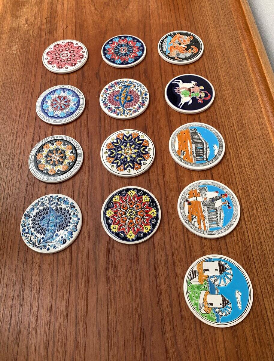 Set of 13 vintage ceramic coasters handmade by Lito Niarchos.