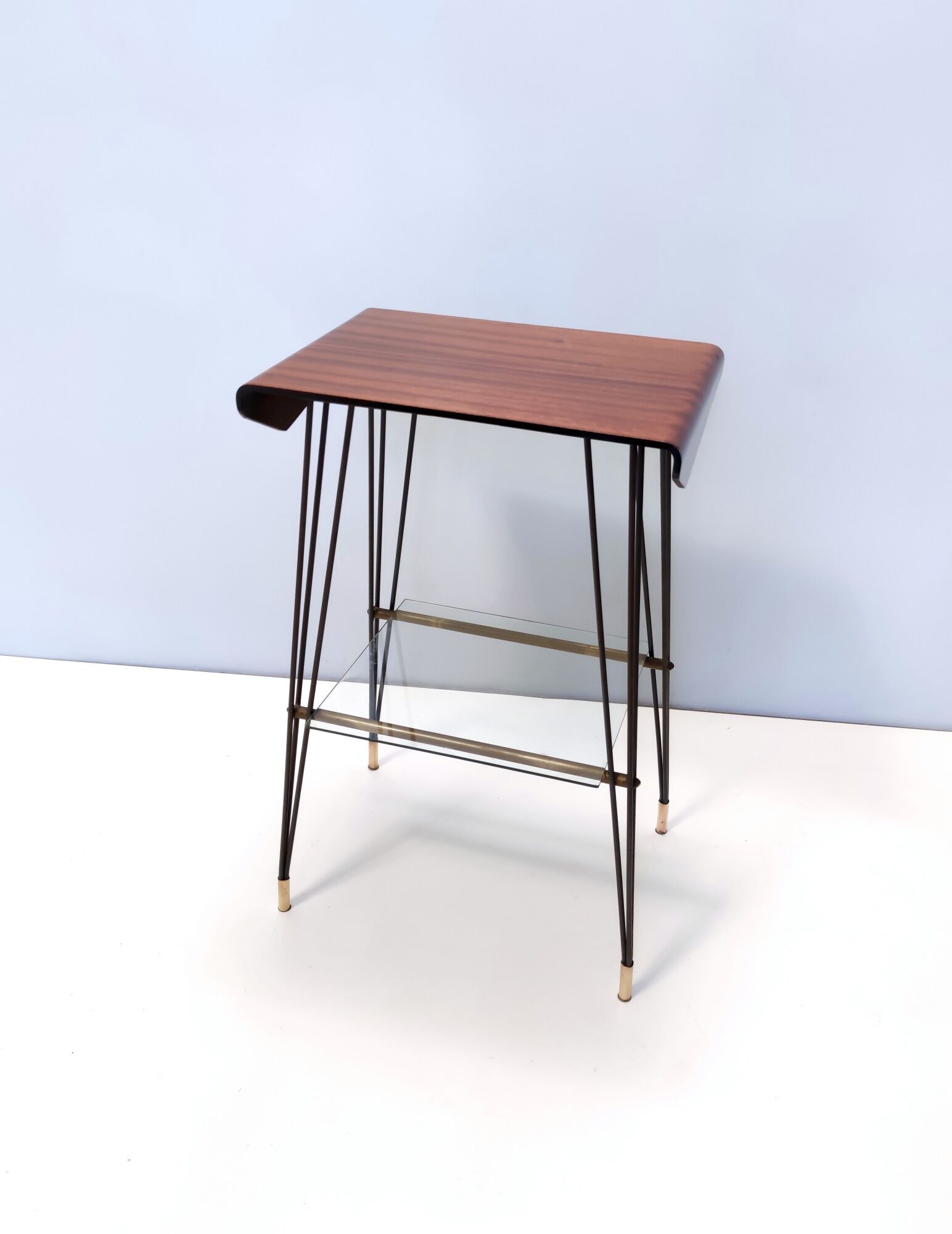 Vintage tv stand/ side table with an ebonized beech top and an iron frame, italy