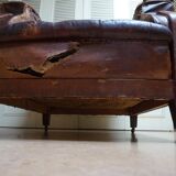 Worn Leather Buttoned Library Fireside Armchair, 1840's