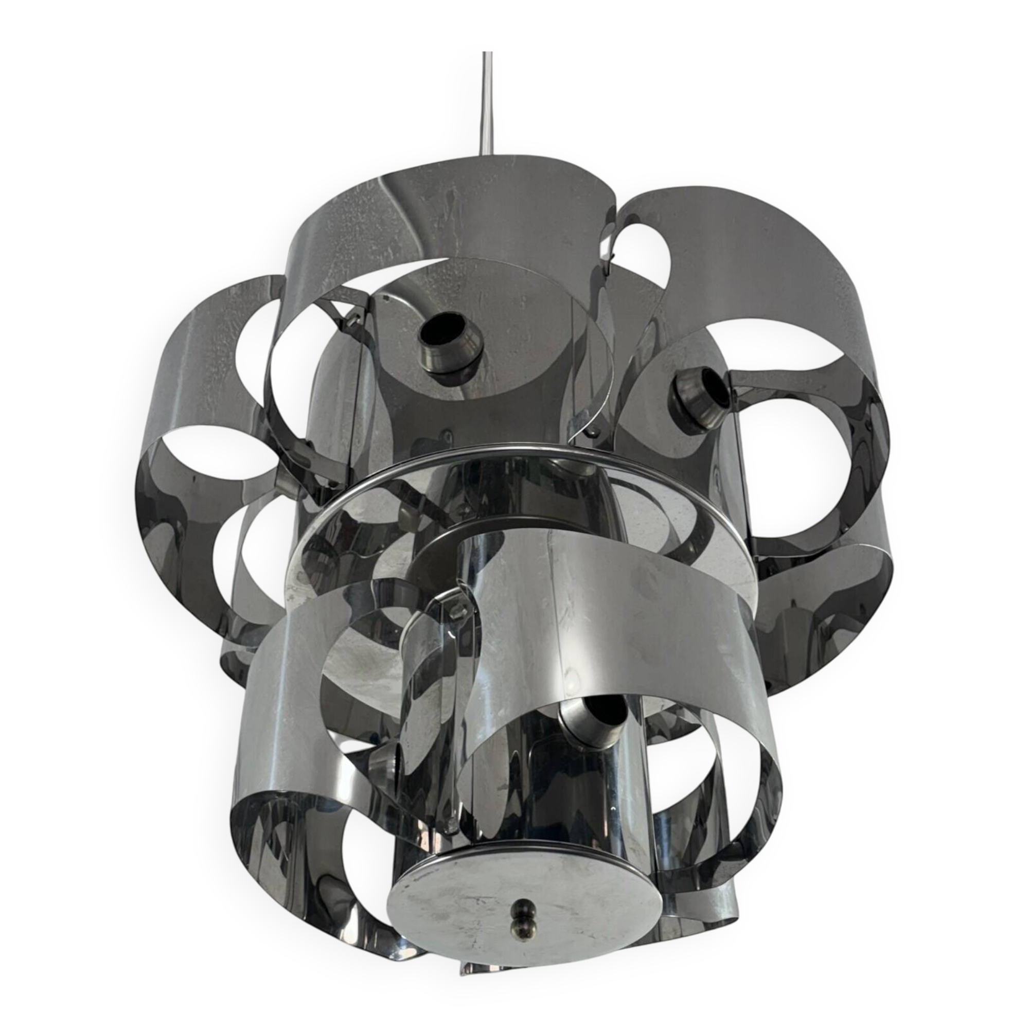 Curved steel chandelier attributed to Max Sauze, 9 lights