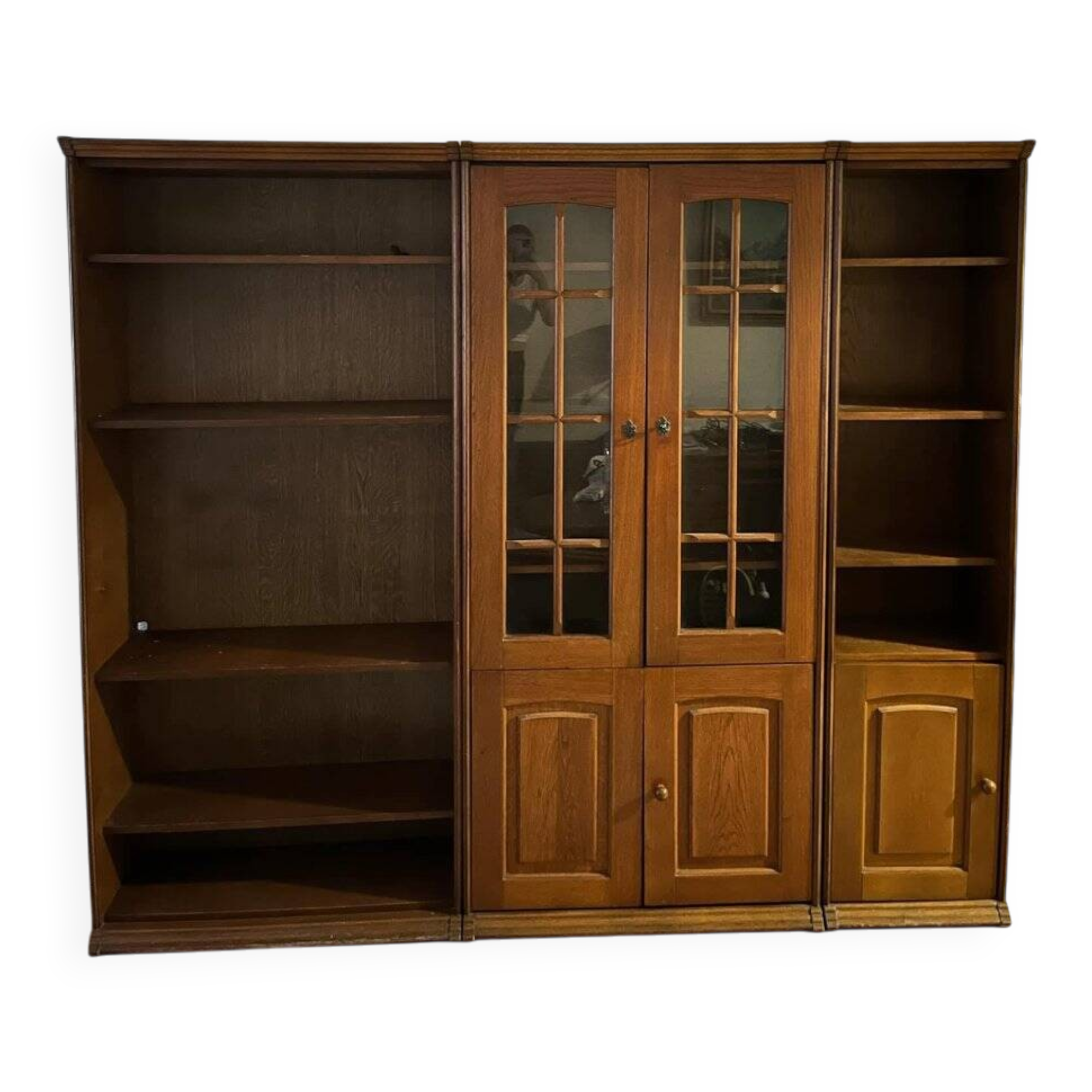 Set of 3 wall display cabinets from the 1970s in brown wood — central display modules and side shelves.