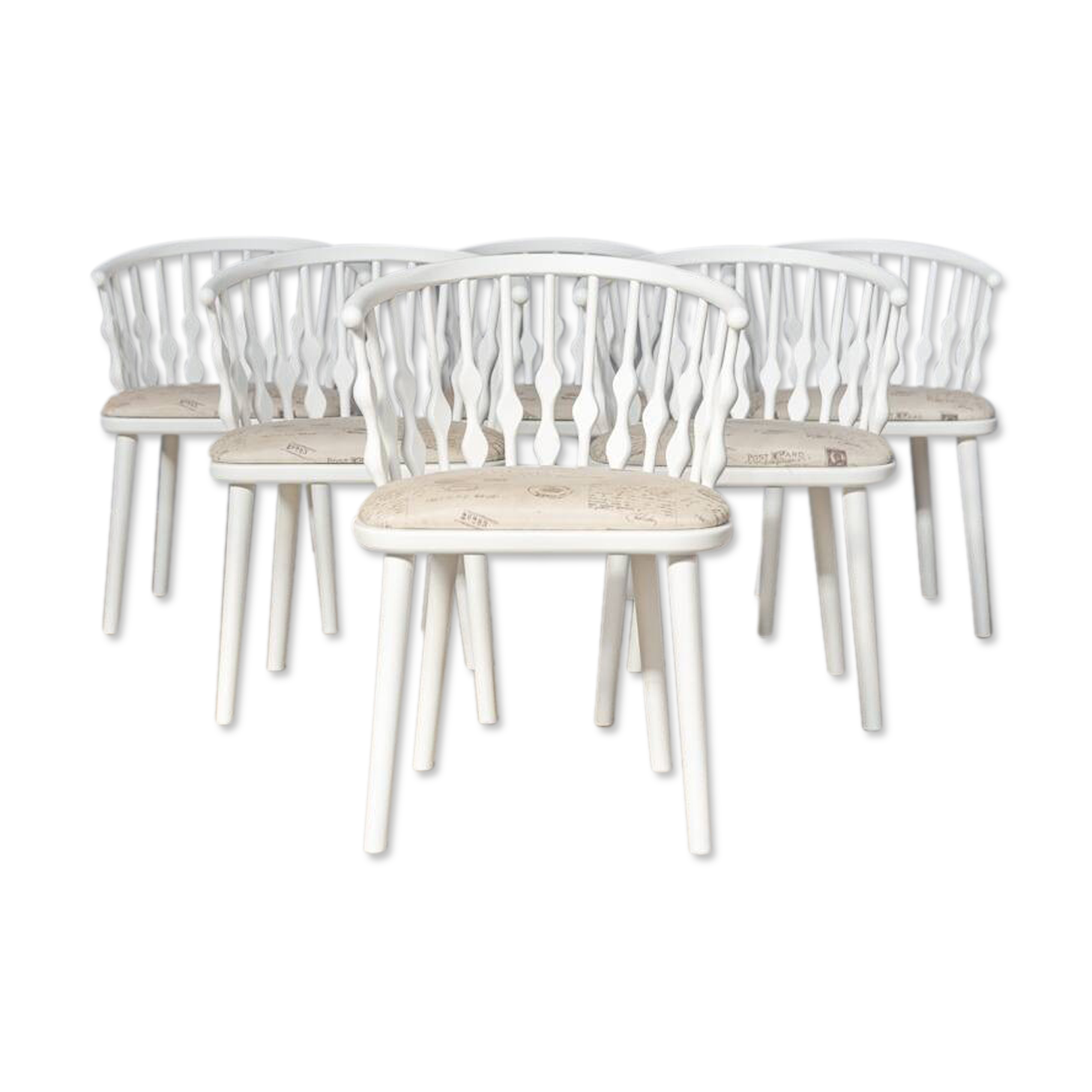 Matte white painted beech chair with upholstered seat in fabric 1970