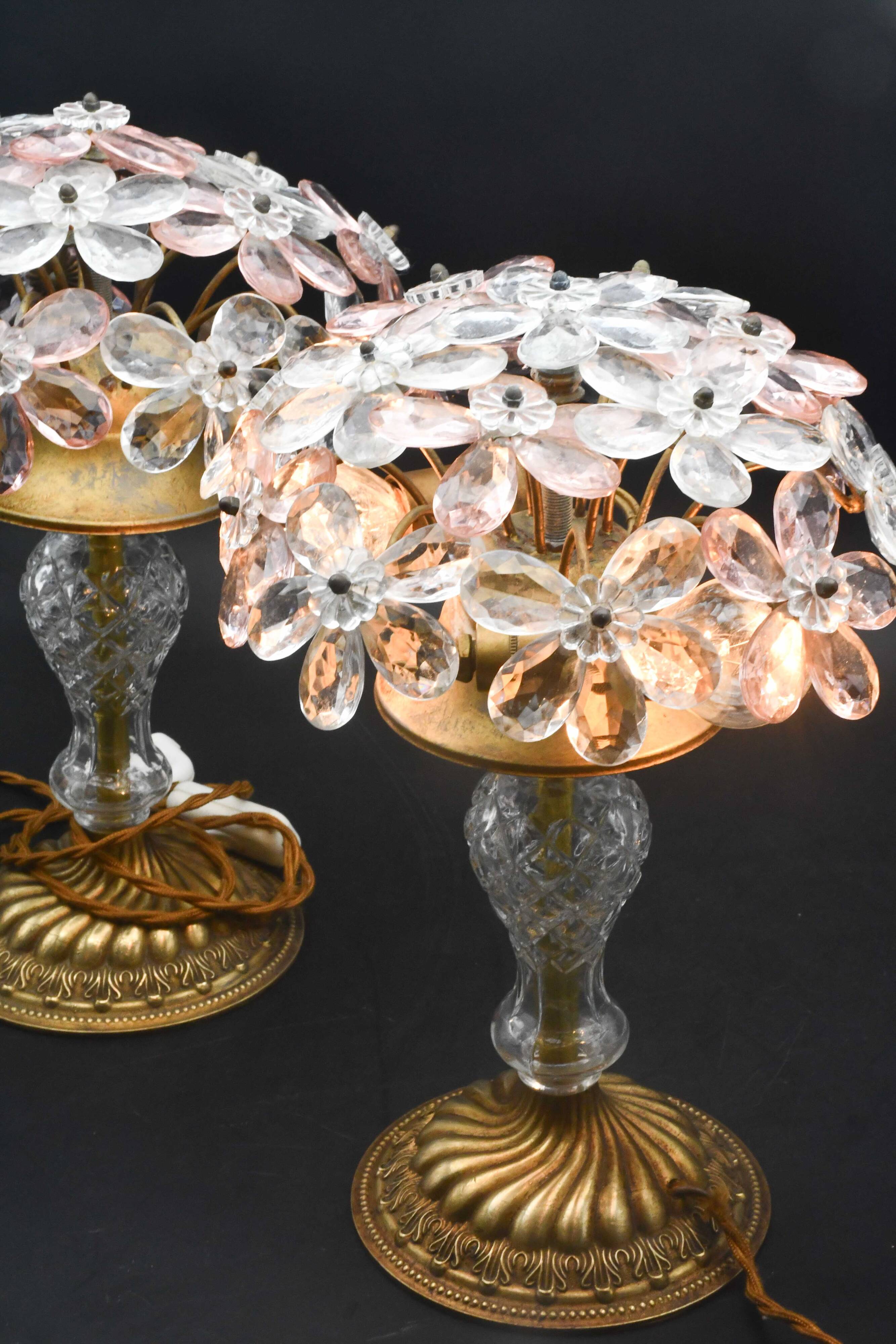 Set of 2 large table lamps with crystal glass flowers, pink and transparent, brass base, 1960