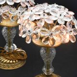 Set of 2 large table lamps with crystal glass flowers, pink and transparent, brass base, 1960
