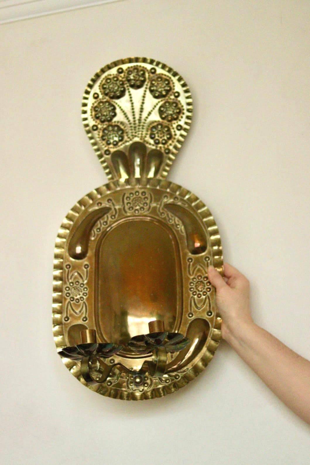X-large mid-century Swedish brass Baroque sconce with double arm design
