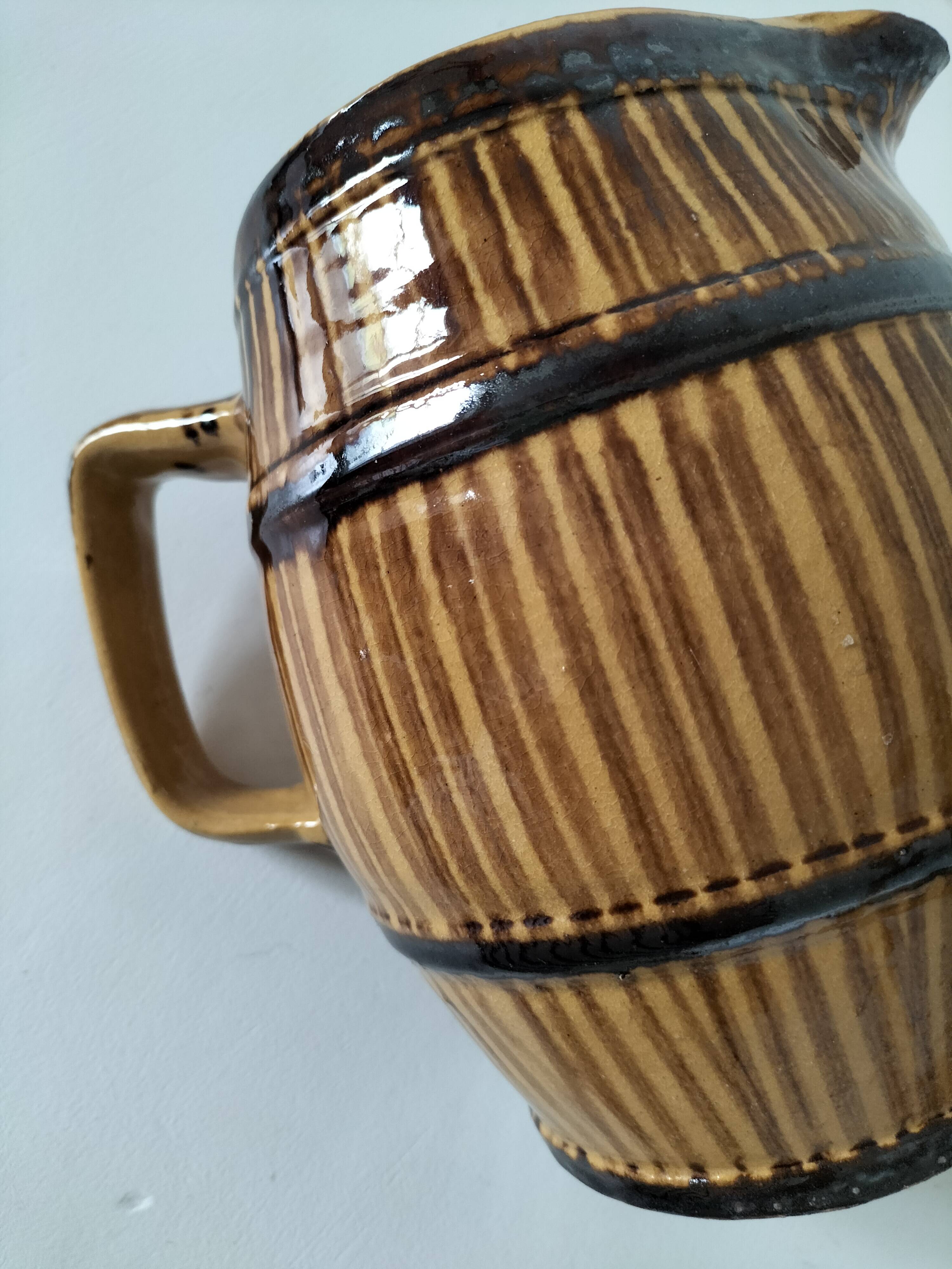 Large vintage pitcher with trompe l'oeil effect, barrel in glazed stoneware, 1950s