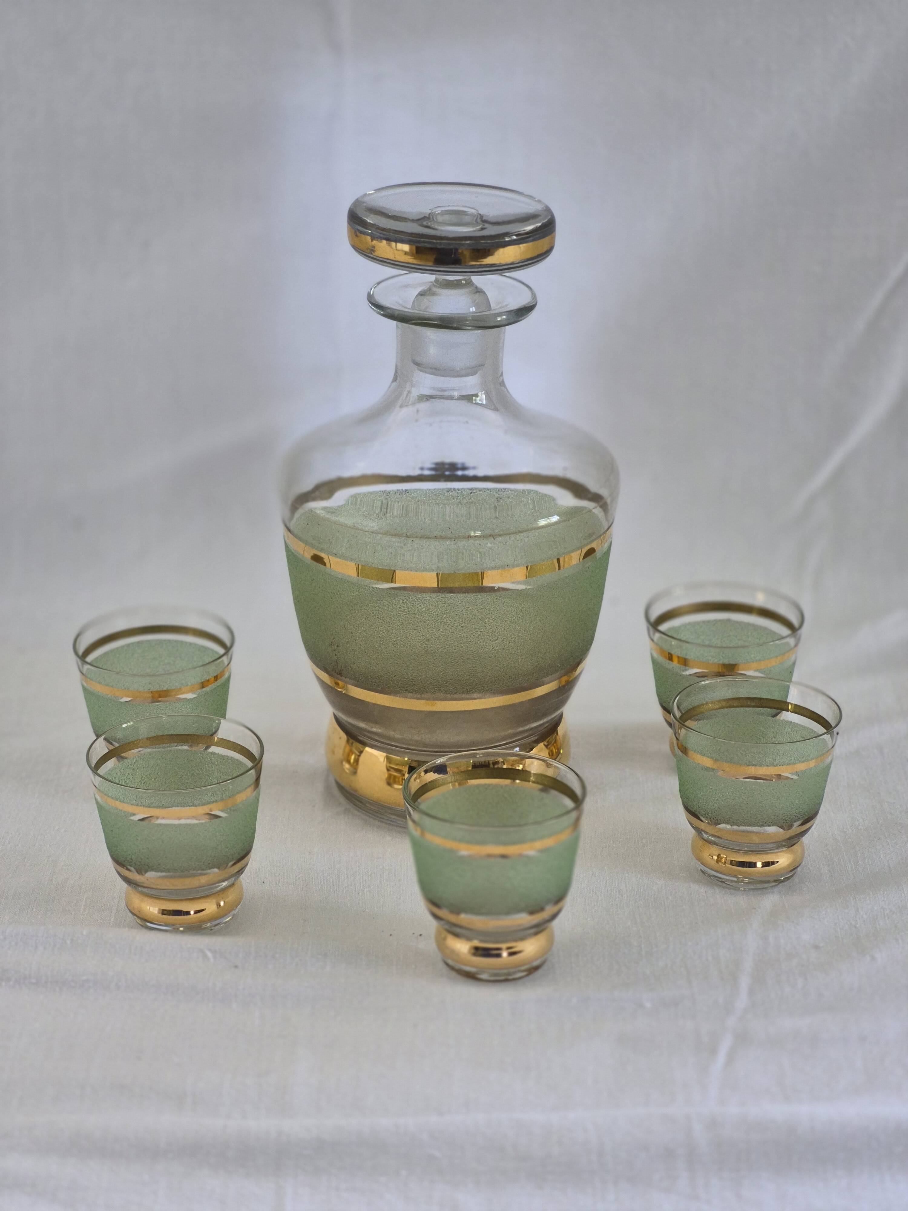 Vintage liqueur service in frosted celadon and gold glass – 1950s