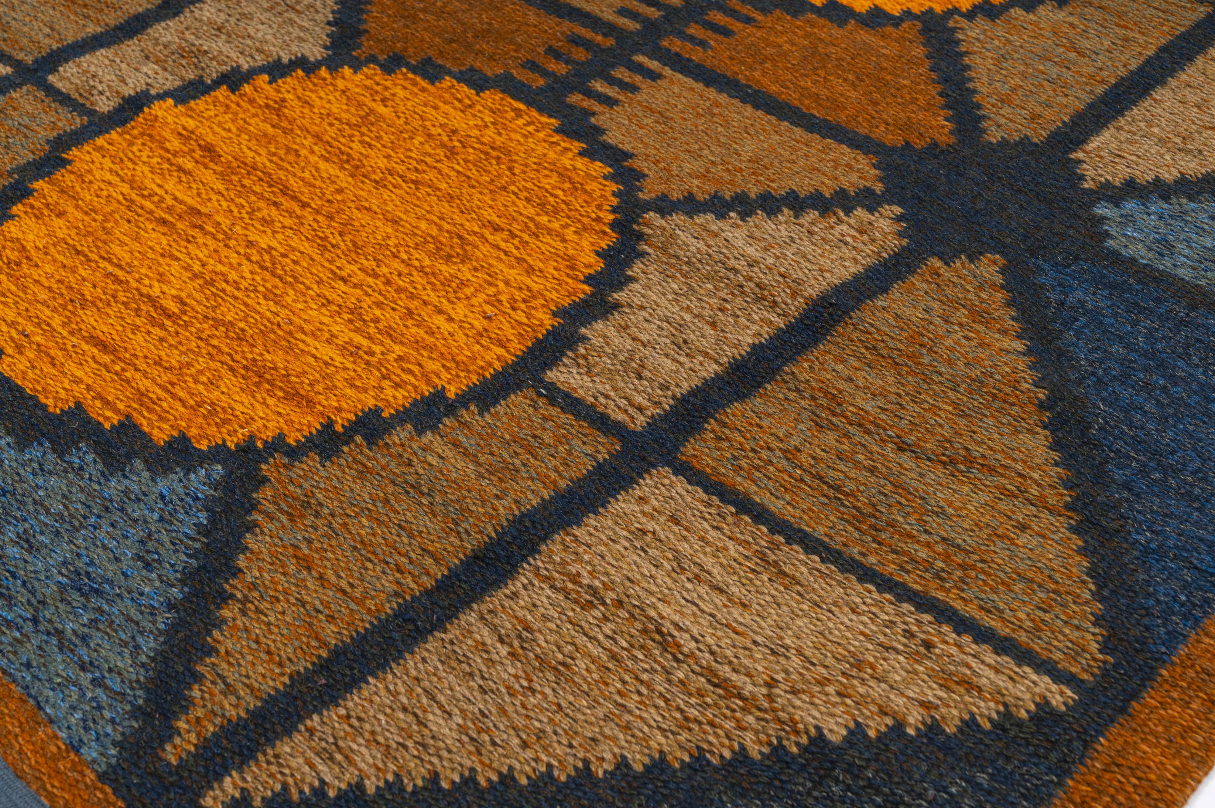 Scandinavian 20th century modern flat weave rug by Britta Swefors. 212 X 13