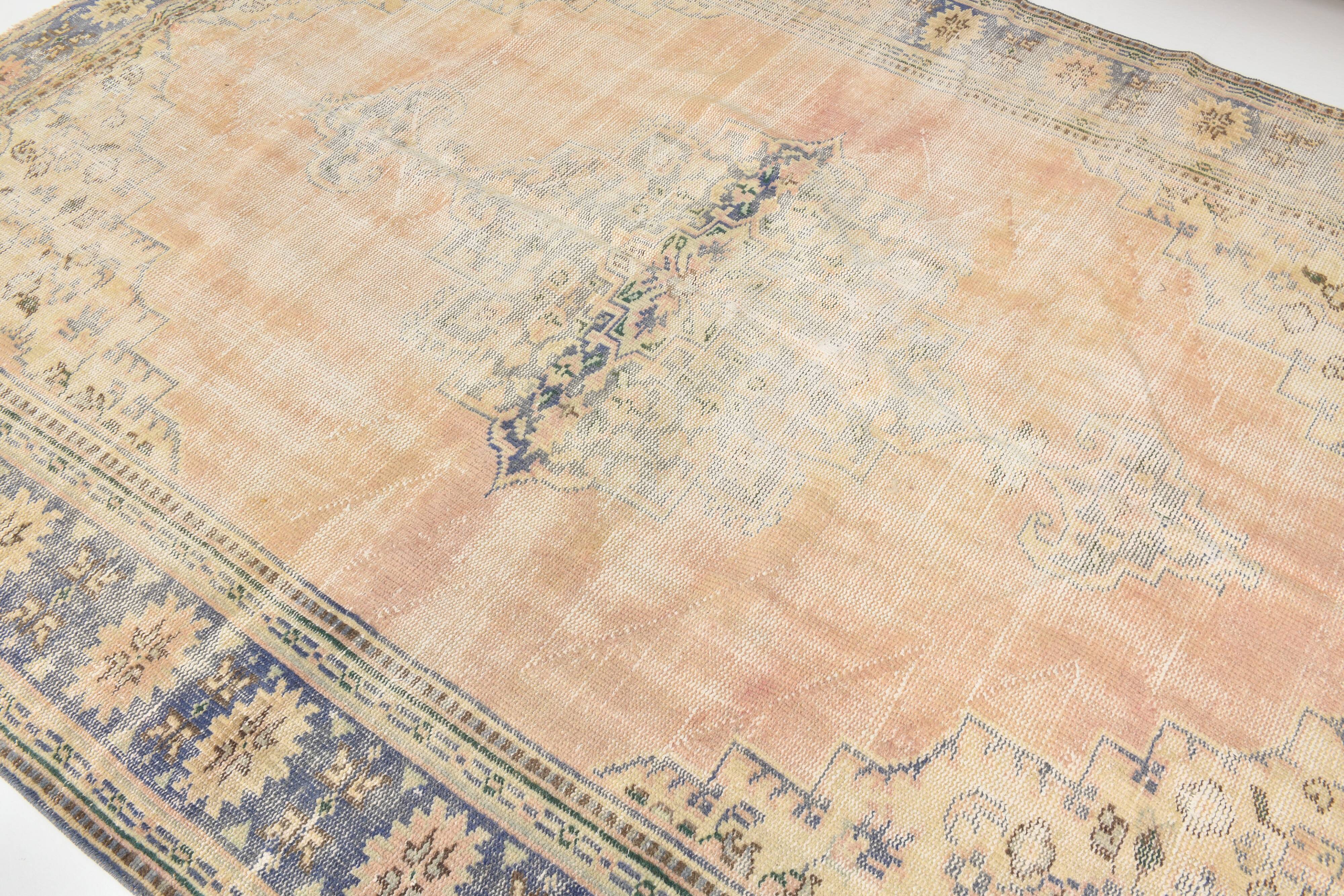 Grand Tapis Oushak Vintage, Laine Fait Main, Pêche et Bleu, 194x267 Cm