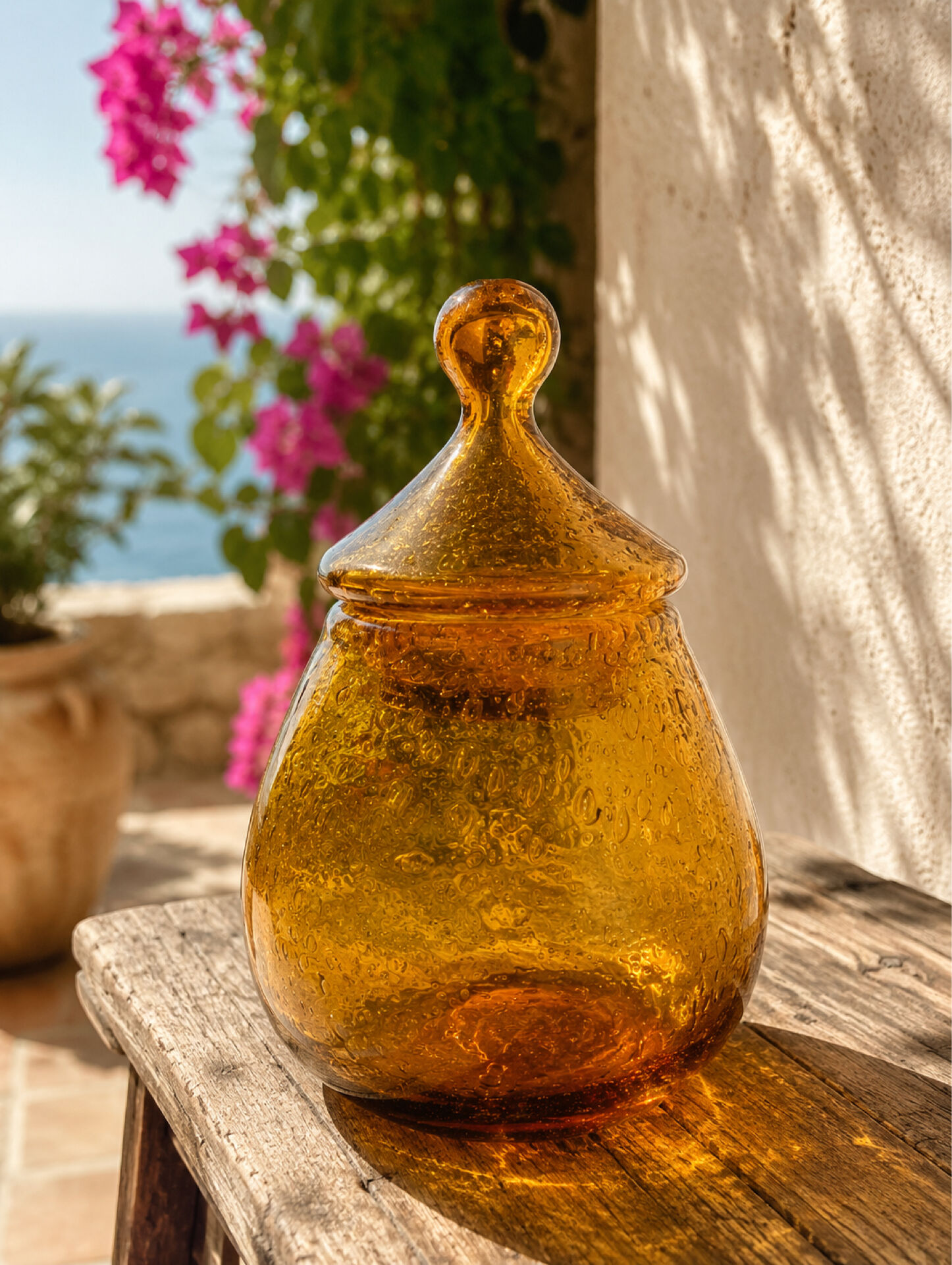 Large amber bubble glass sweet jar from Biot, 1960s.