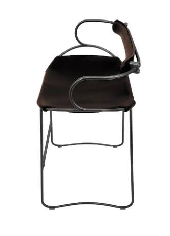Bar stool with backrest, black smoked steel and dark brown saddle leather.