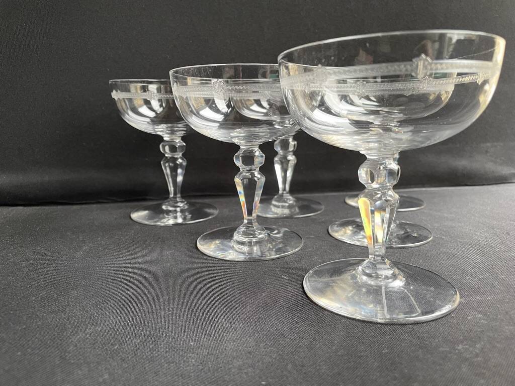 6 champagne glasses in light blown, cut and guilloché crystal
