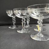 6 champagne glasses in light blown, cut and guilloché crystal