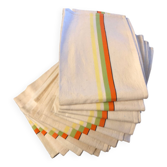 Set of 11 old striped cotton tea towels