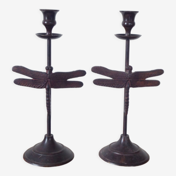 Pair of metal candlesticks, dragonfly