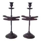 Pair of metal candlesticks, dragonfly