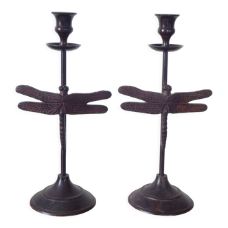 Pair of metal candlesticks, dragonfly