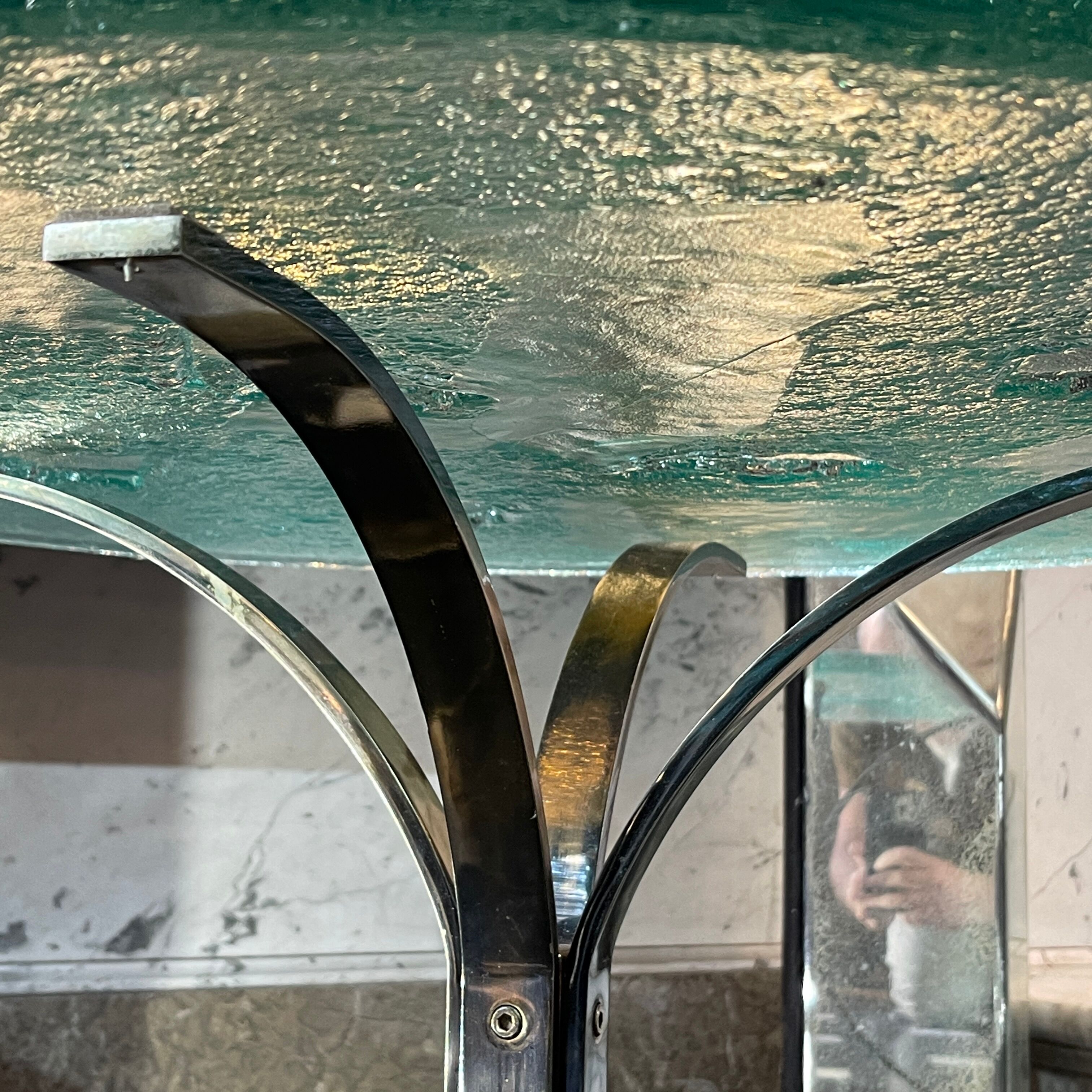 Pair of round coffee tables, glass, ca 1970