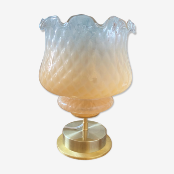 Brass table lamp and quilted glass
