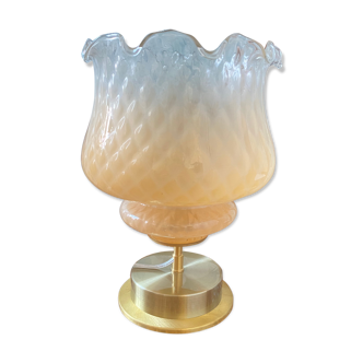 Brass table lamp and quilted glass