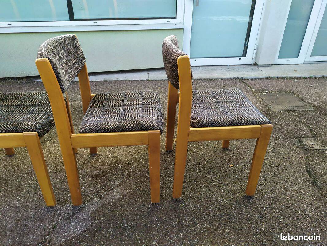 Set of 4 chairs in blond wood and gray fabric - vintage