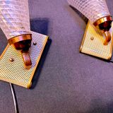 Pair of brass sconces, perforated metal and perhapx conical lampshade, France 50's
