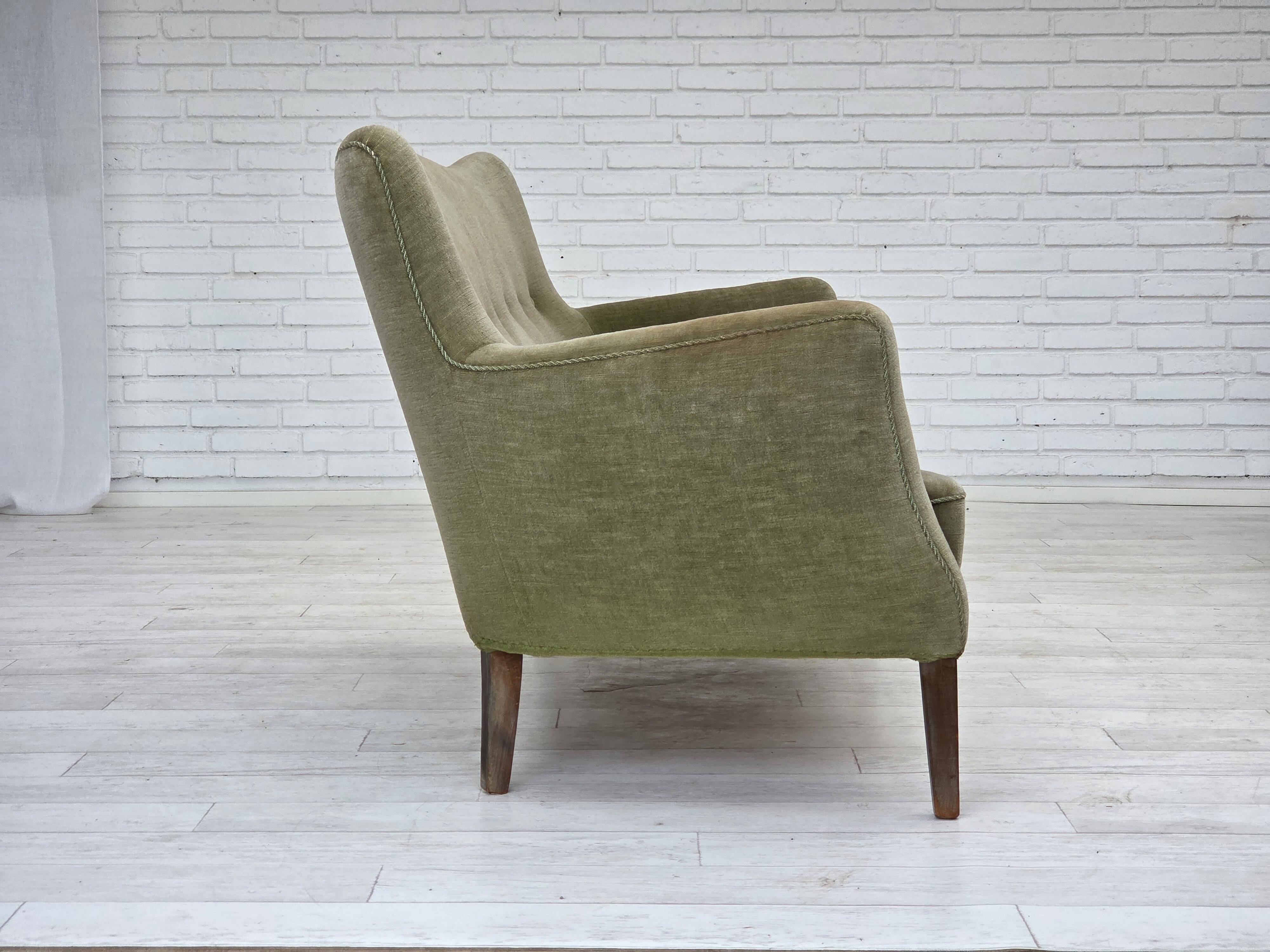 1960s, Danish curved 2-seater sofa, furniture velour, beech wood.